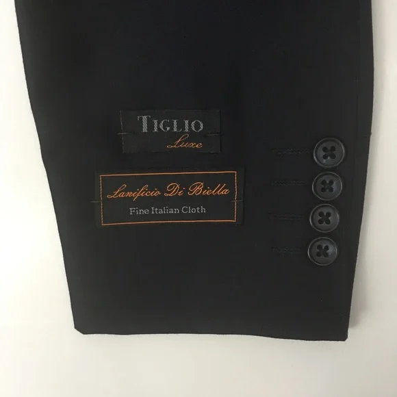 New tiglio 2 piece mens suit 42s solid navy 100% wool 2 button 36w nwt ea0168